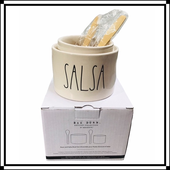 Rae Dunn SALSA & GUACAMOLE Serving Bowl Set + 2 Wooden Spoons NIB - Picture 7 of 10